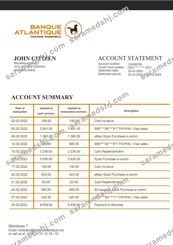 Benin Banque Atlantique bank statement template in Word and PDF format